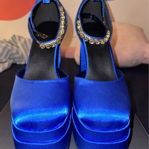 Dazzling Blue Satin Women's Platform Heels with jewelled Ankle Strap